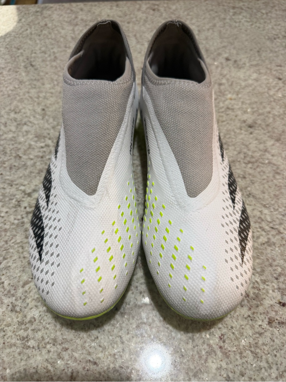 Men's Adidas Predator White and Gray Slip-On Laceless Cleats with Neon Accents